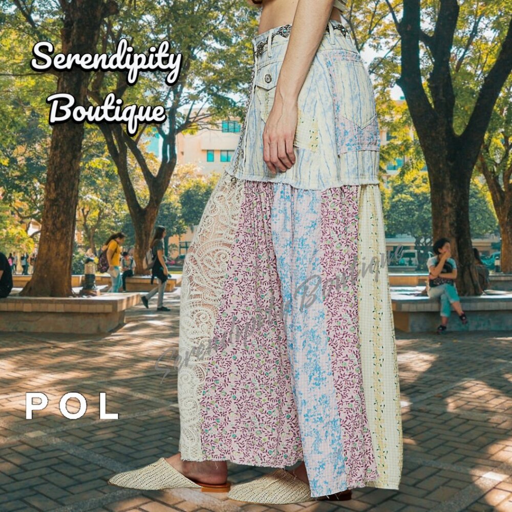 POL Denim Lace & Floral Flowy Baggy Mixed Fabric Cotton Twill Maxi Jean Skirt - Picture 3 of 13